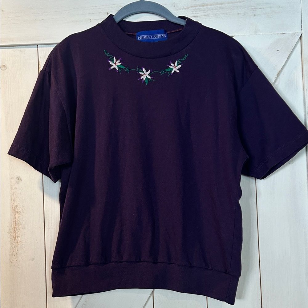 Vintage Dark Purple Blouse with Floral Embroidery Medium